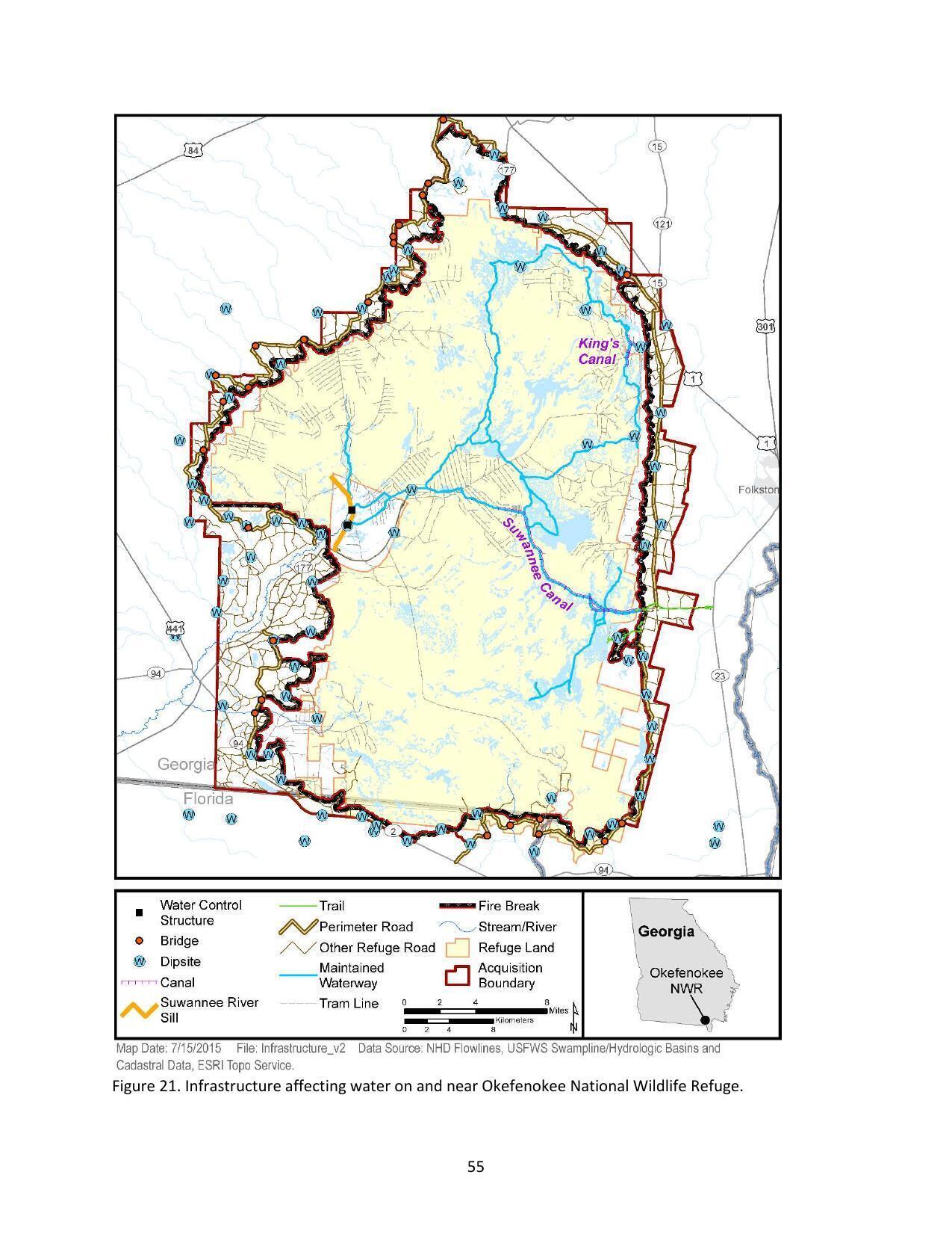 Figure 21. Infrastructure affecting water on and near Okefenokee National Wildlife Refuge.