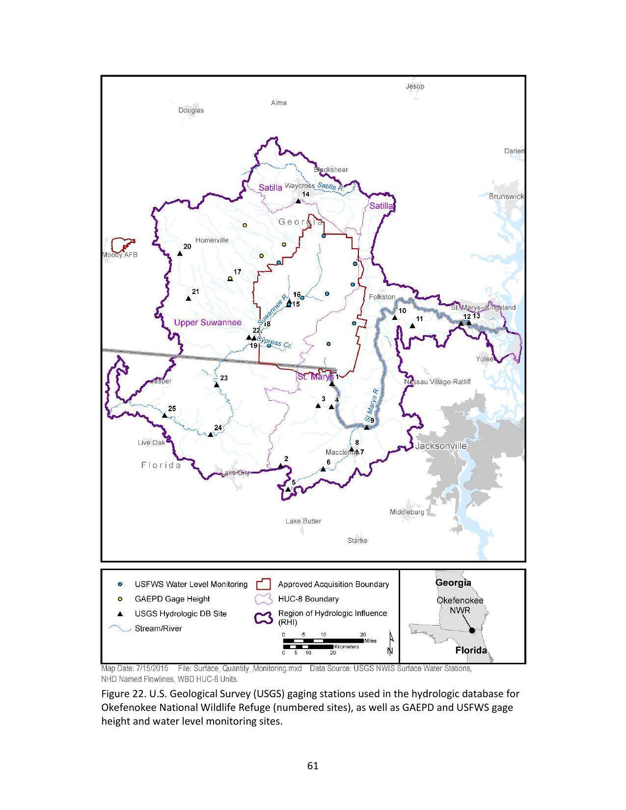 Figure 22. U.S. Geological Survey (USGS) gaging stations used in the hydrologic database for Okefenokee National Wildlife Refuge (numbered sites), as well as GAEPD and USFWS gage height and water level monitoring sites.