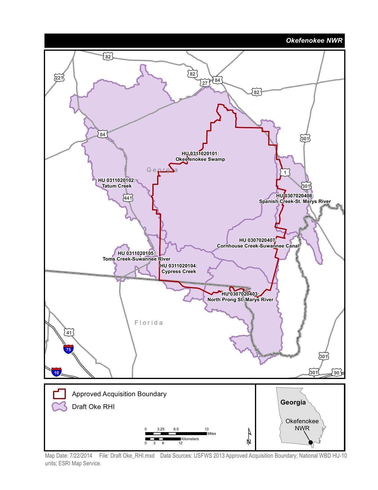 HUC10 boundaries; Map Date: 7/22/2014 Data Sources: USFWS 2013 Approved Acquisition Boundaries; National WBD HU-10 units; ESRI Map Service