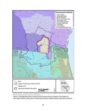 [Figure 4. Physiographic districts within the Gulf Coastal Plain in relation to the Region of Hydrologic Influence (RHI) and the Okefenokee National Wildlife Refuge acquisition boundary.]