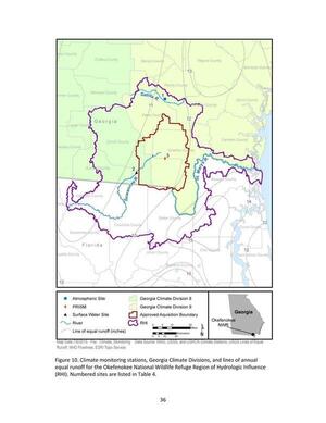 [Figure 10. Climate monitoring stations, Georgia Climate Divisions, and lines of annual equal runoff for the Okefenokee National Wildlife Refuge Region of Hydrologic Influence (RHI). Numbered sites are listed in Table 4.]