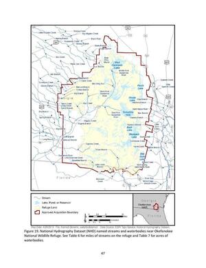 [Figure 19. National Hydrography Dataset (NHD) named streams and waterbodies near Okefenokee National Wildlife Refuge.]