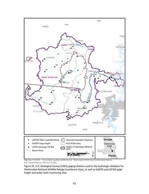 [Figure 22. U.S. Geological Survey (USGS) gaging stations used in the hydrologic database for Okefenokee National Wildlife Refuge (numbered sites), as well as GAEPD and USFWS gage height and water level monitoring sites.]