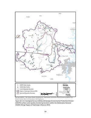 [Figure 23. U.S. Geological Survey (USGS) and Georgia Environmental Protection Division (GAEPD) surface water quality monitoring locations within the Okefenokee National Wildlife Refuge Region of Hydrologic Influence (RHI).]