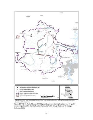 [Figure 24. U.S. Geological Survey (USGS) groundwater monitoring locations and air quality monitoring site within the Okefenokee National Wildlife Refuge Region of Hydrologic Influence (RHI).]