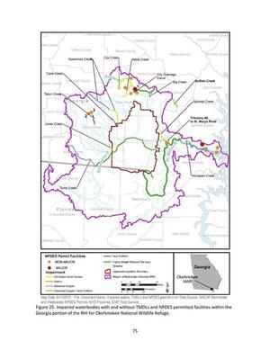 [Figure 25. Impaired waterbodies with and without TMDLs and NPDES permitted facilities within the Georgia portion of the RHI for Okefenokee National Wildlife Refuge.]