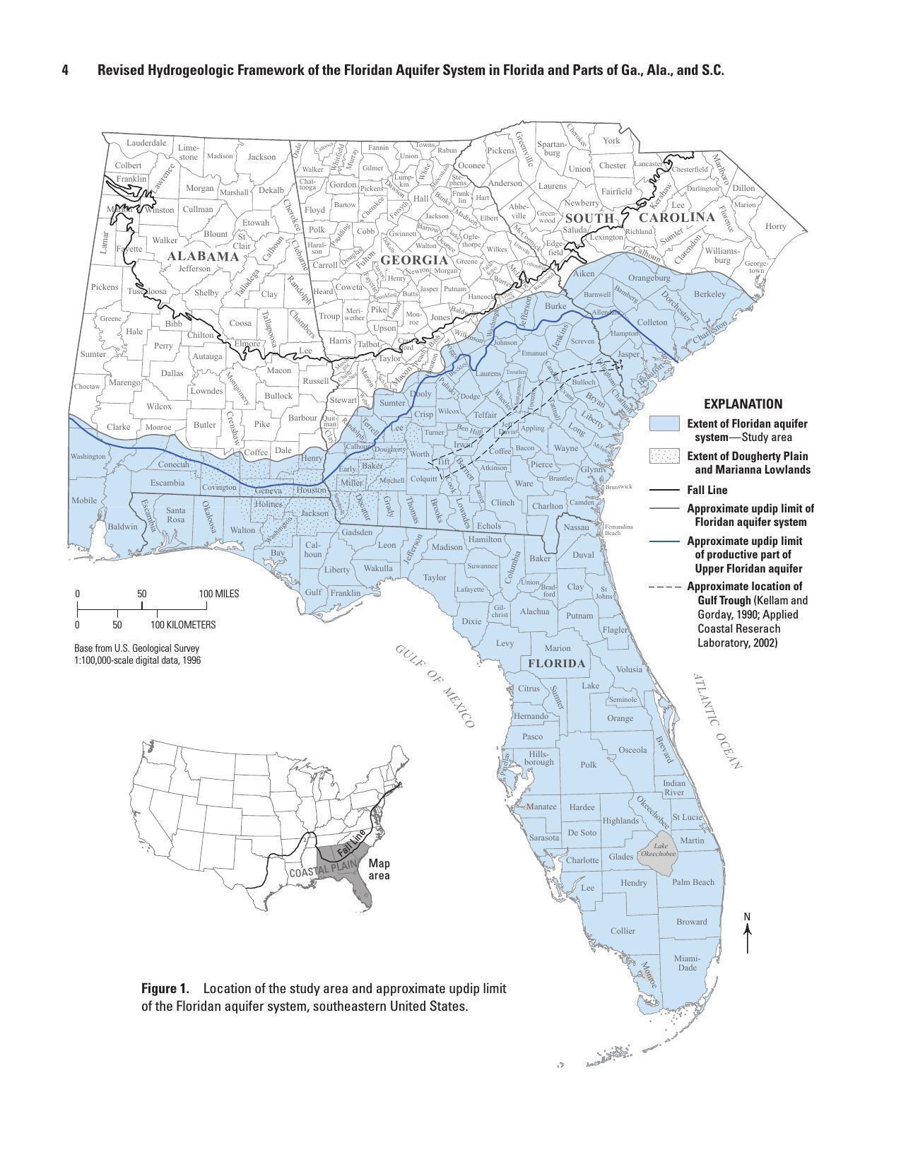 Figure 1. Location of the study area and approximate updip limit of the Floridan aquifer system, southeastern United States.