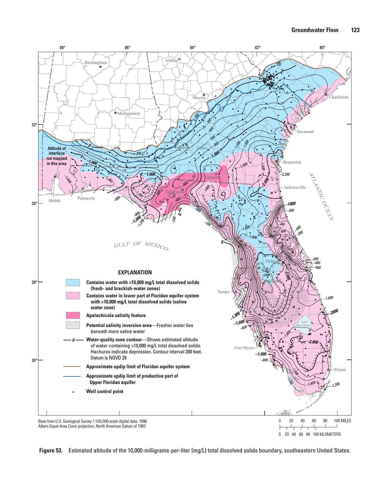 Figure 53. Estimated altitude of the 10,000-milligrams-per-liter (mg/L) total dissolved solids boundary, southeastern United States.