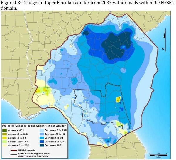 [Figure C3: Aquifer surface change due to withdrawals in north Florida and south Georgia]