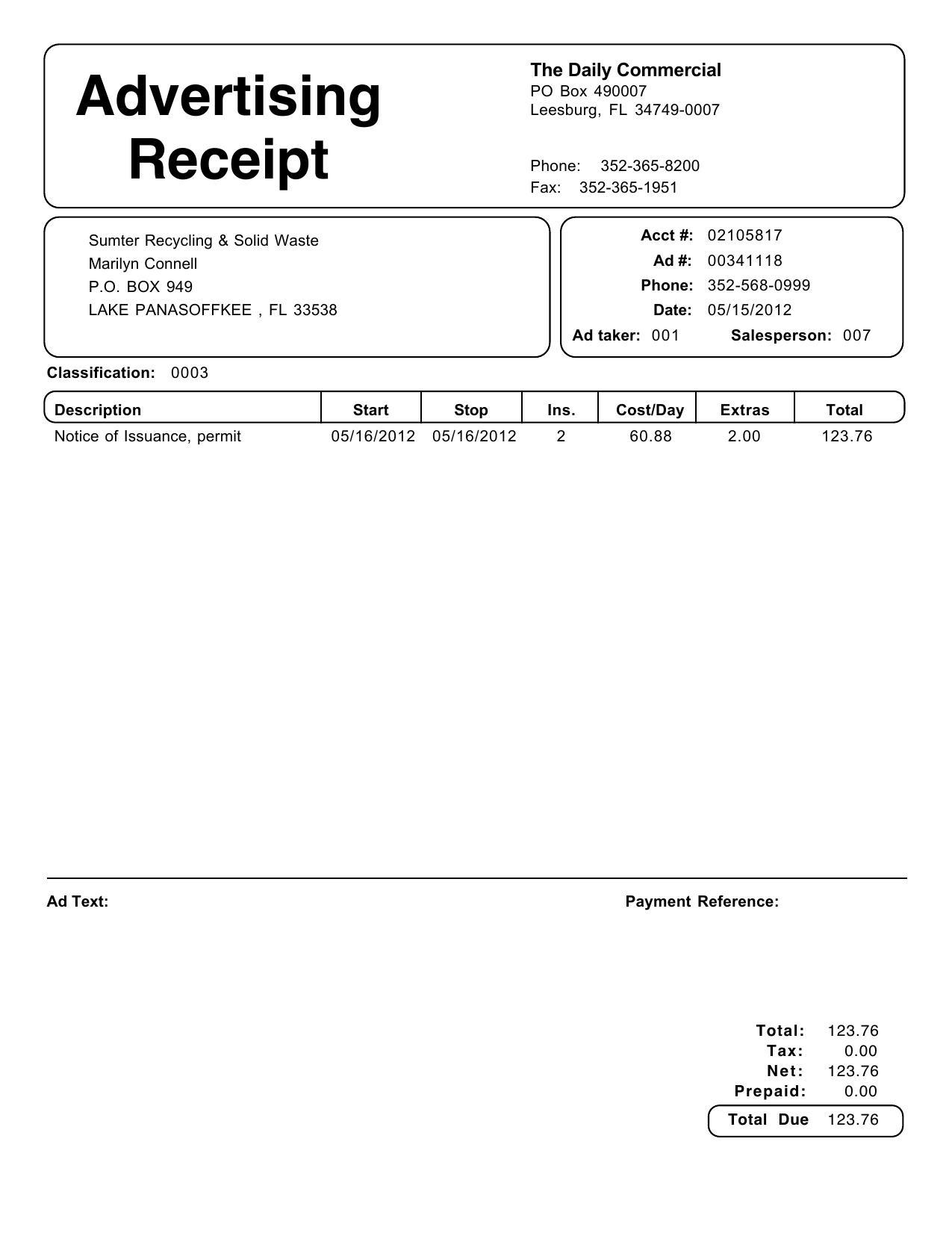 Receipt, Daily Commercial, 2012-05-15