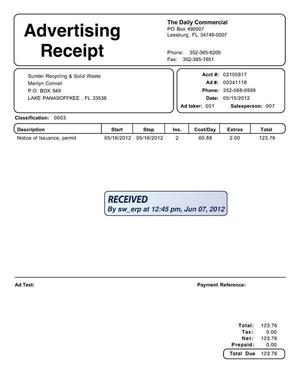 [Receipt, Daily Commercial, 2012-05-15]