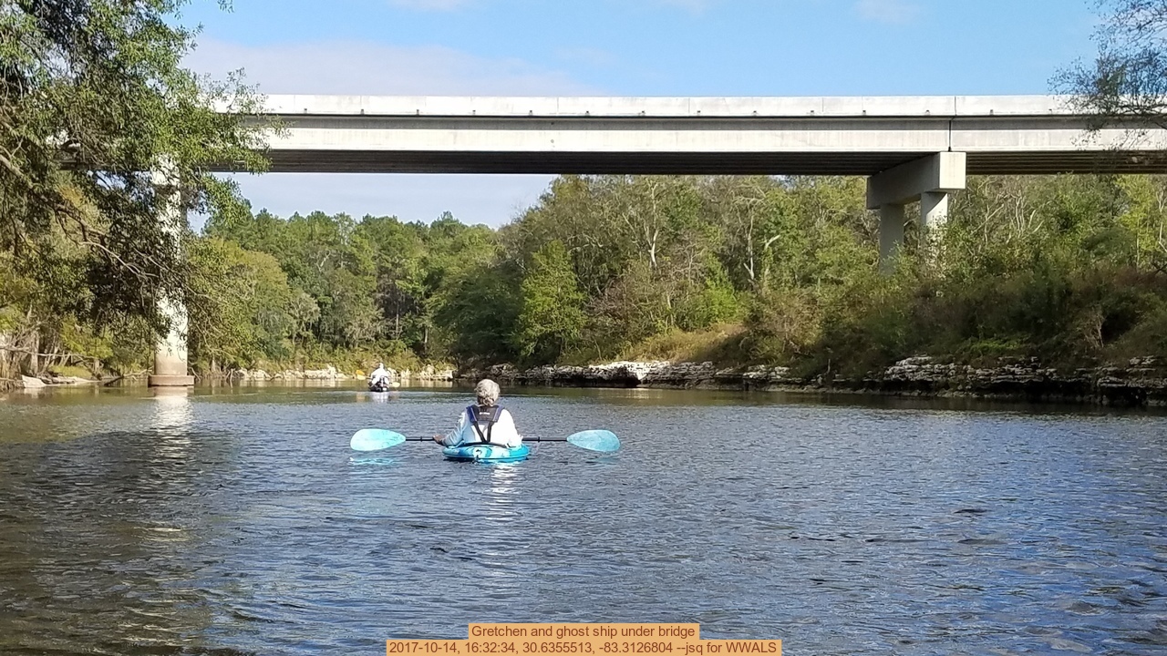 Gretchen and ghost ship under bridge, 2017-10-14, 16:32:34, 30.6355513, -83.3126804 --jsq for WWALS