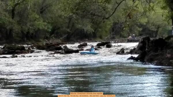 Movie: Gretchen shoots the rapids, 2017-10-14, 15:35:52, 30.63503, -83.34164 --jsq for WWALS
