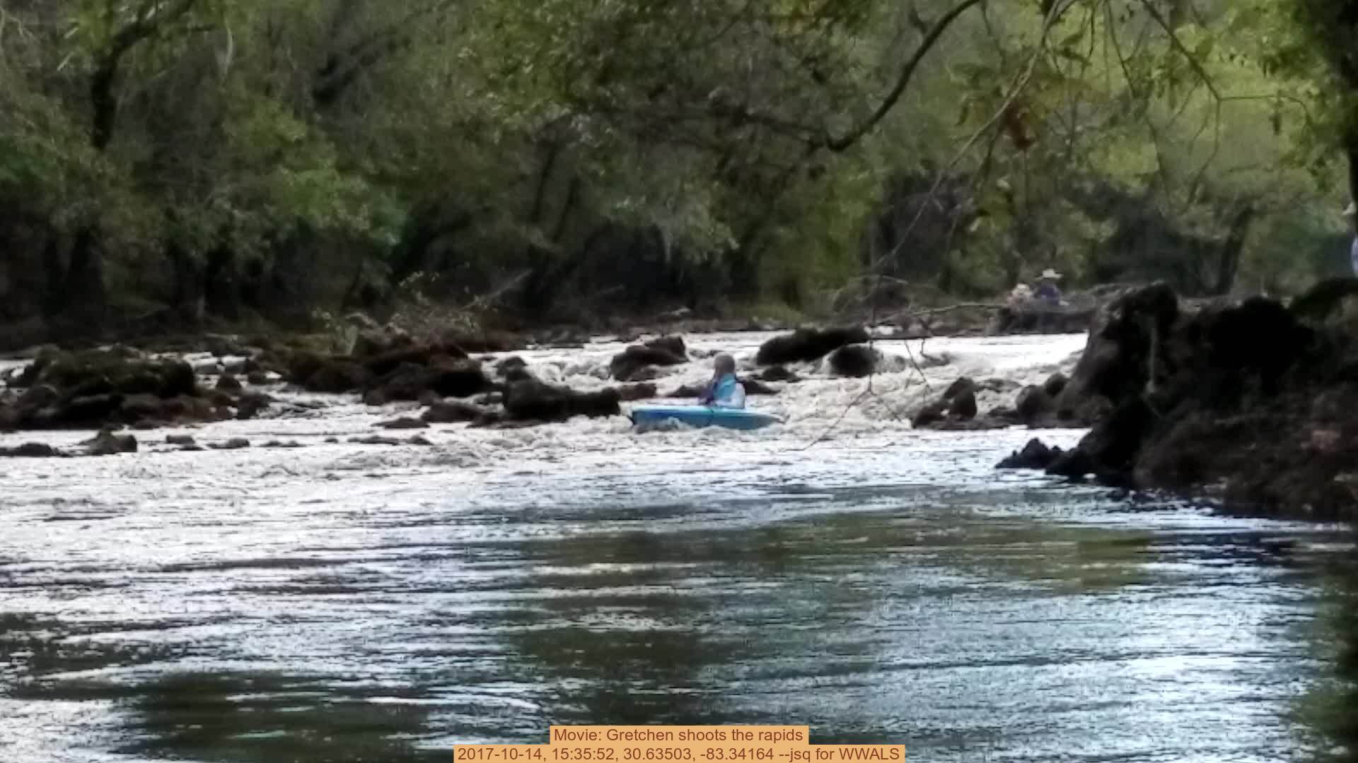 Movie: Gretchen shoots the rapids, 2017-10-14, 15:35:52, 30.63503, -83.34164 --jsq for WWALS