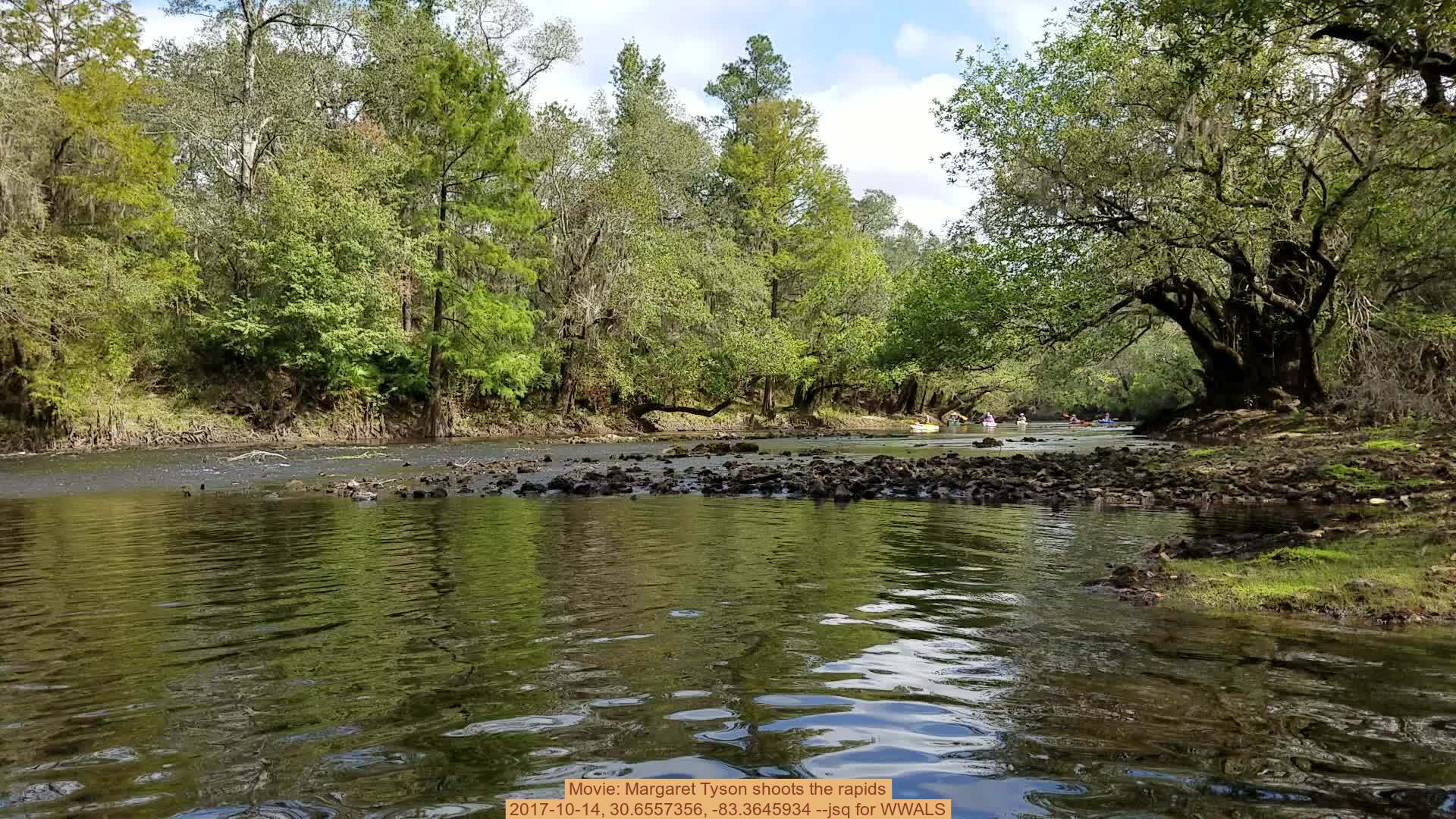 Movie: Margaret Tyson shoots the rapids, 2017-10-14, 30.6557356, -83.3645934 --jsq for WWALS