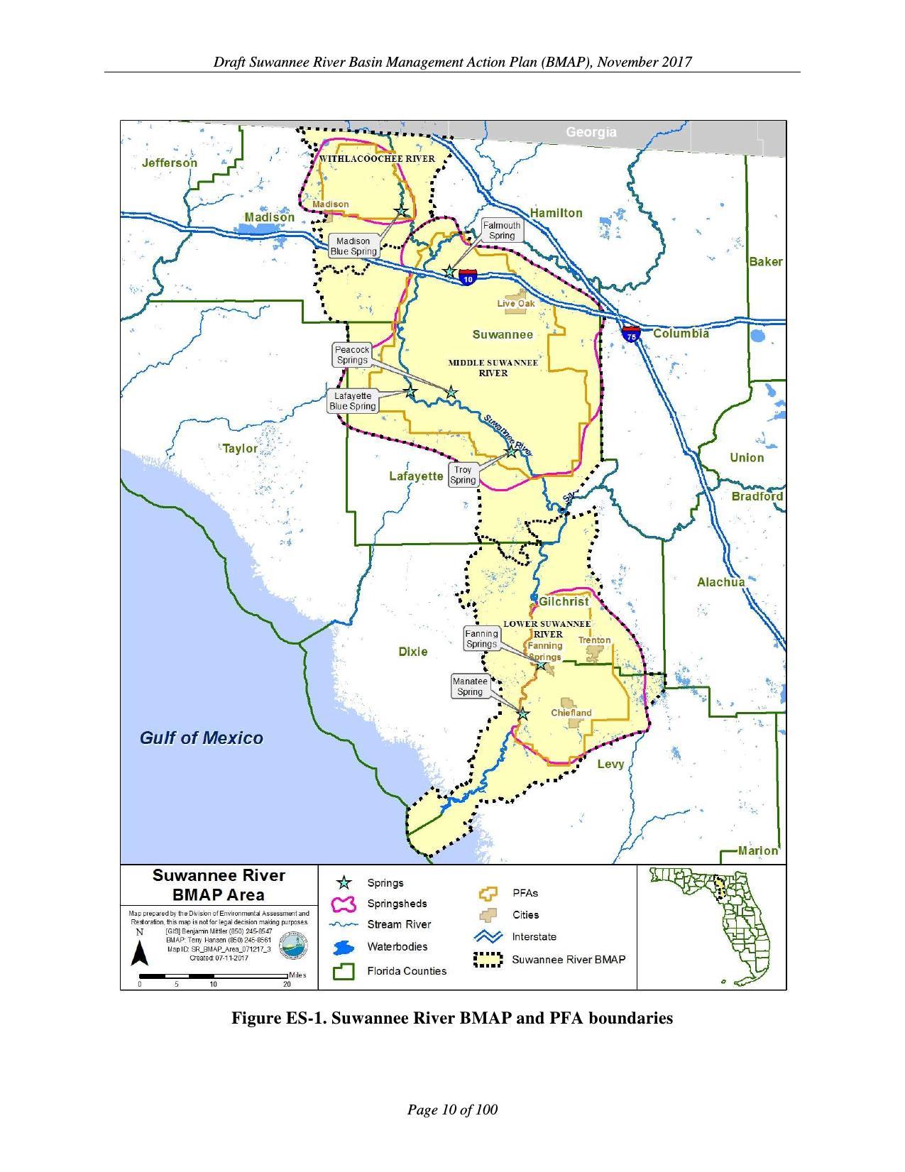 Figure ES-1. Suwannee River BMAP and PFA boundaries