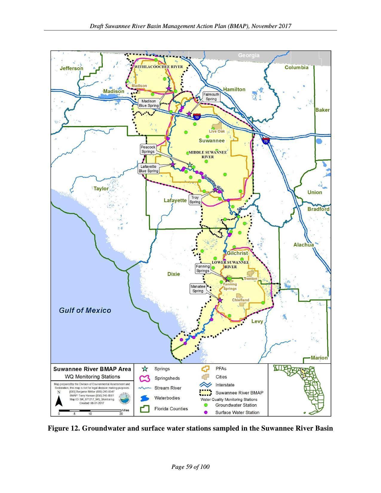 Figure 12. Groundwater and surface water stations sampled in the Suwannee River Basin