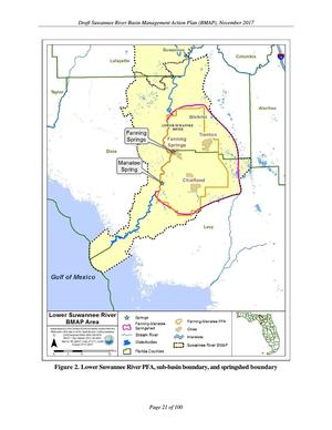 [Figure 2. Lower Suwannee River PFA, sub-basin boundary, and springshed boundary]