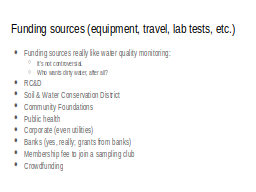 Funding sources (equipment, travel, lab tests, etc.)