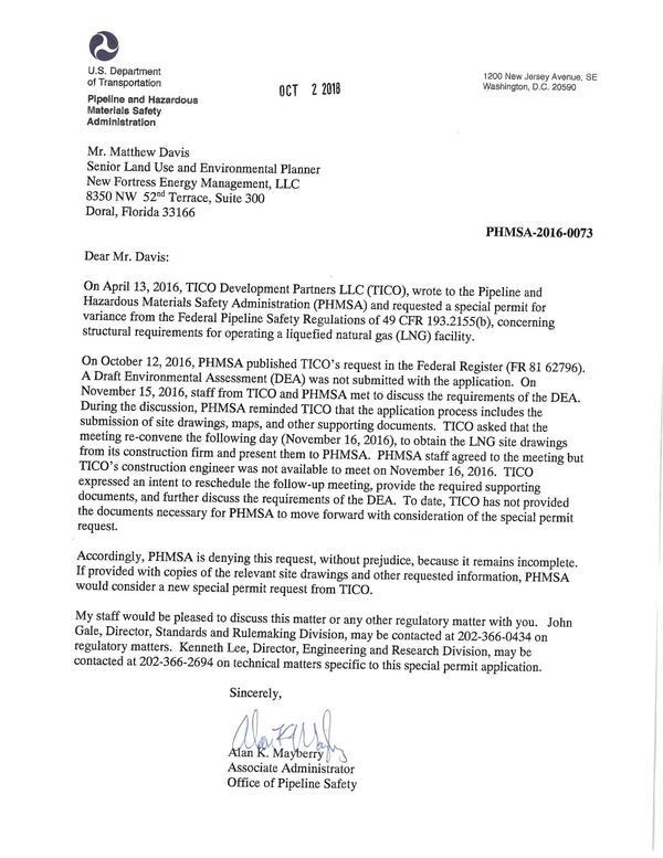 [LNG--TITUSVILLE--PHMSA--LETTER-DENYING-APPLICATION--10.02.18-0001]