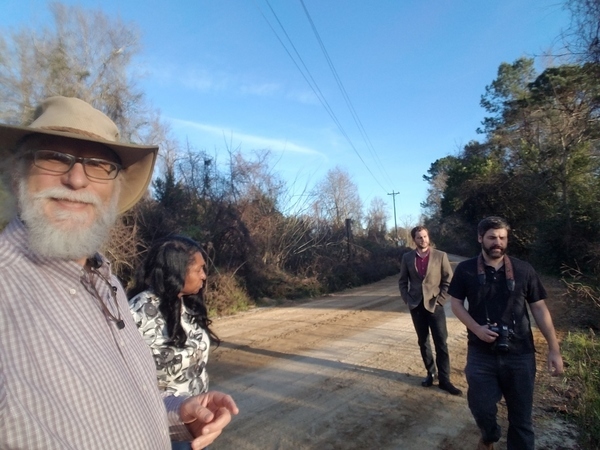 [Suwannee Riverkeeper John S. Quarterman, nearby resident Debra Tann, VDT reporter Thomas Lynn and photographer Derrek Vaughn, at Beatty Branch, January 7, 2019. Photo: John S. Quarterman for WWALS.]