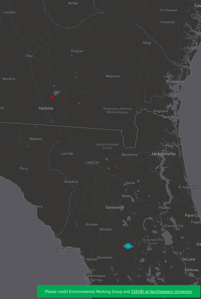 Map: Suwannee River Basin in TOXIC FLUORINATED CHEMICALS IN TAP WATER AND AT INDUSTRIAL OR MILITARY SITES, by EWG. Ocala is the big blue circle at the bottom of this detail map. Moody AFB is the red dot towards the top left.