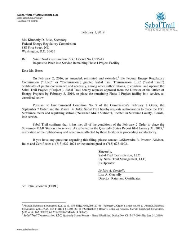 [Lisa A. Connolly (STT) to John Peconom (FERC)]