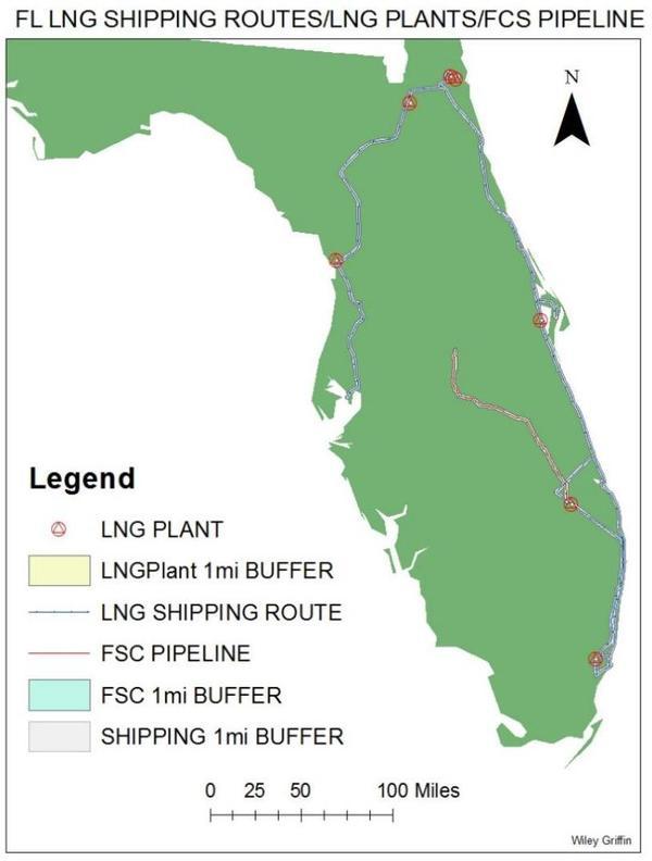 [Florida LNG shipping routes, plants, and pipeline]