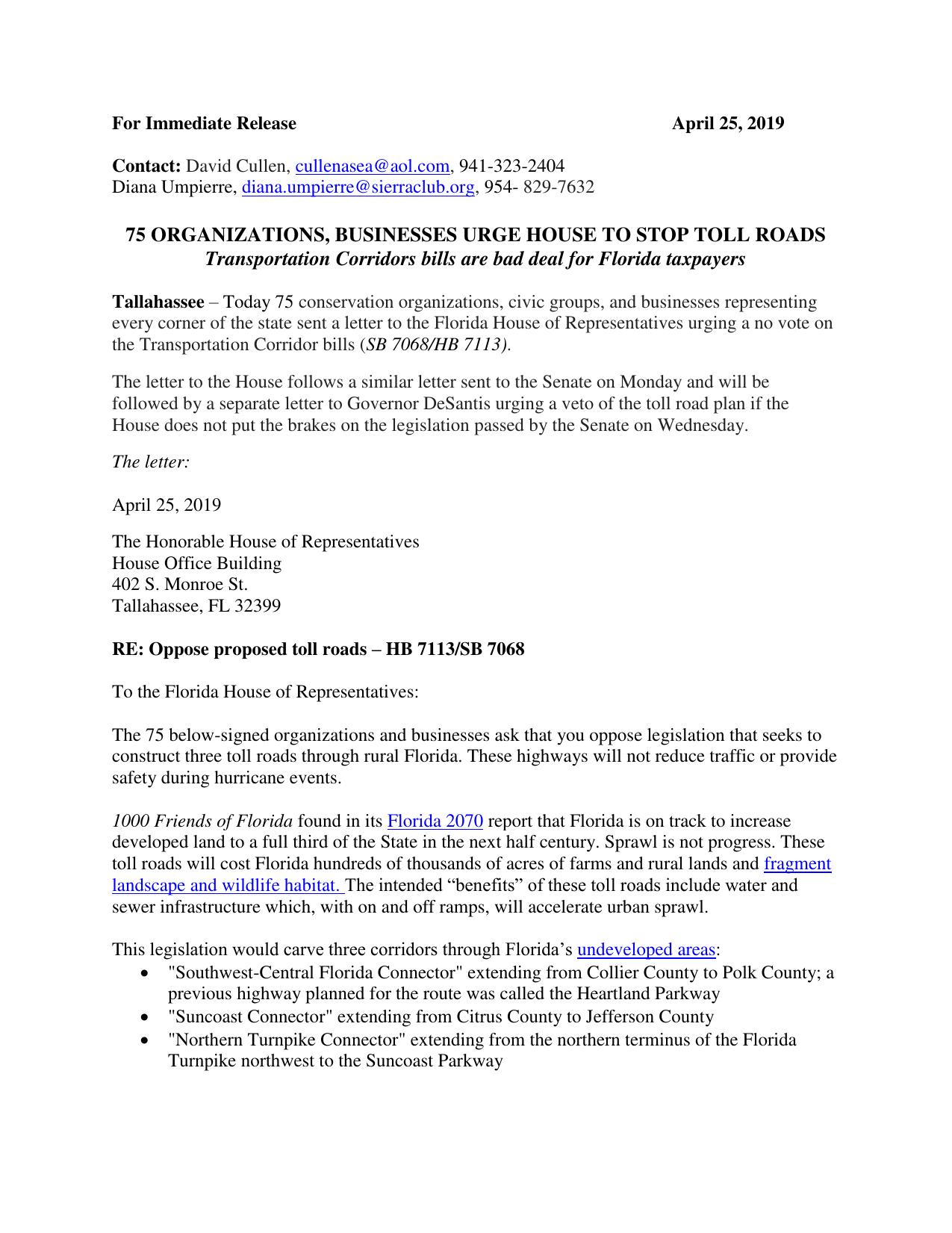 PRESS-RELEASE 75-GROUPS-URGE-HOUSE-TO-STOP-TOLLWAY-PLAN 04-25-19-0001