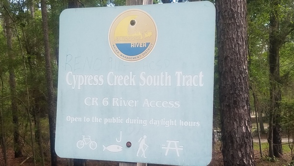 [Sign: Cypress Creek South Tract, CR 6 River Access, 09:17:50, 30.5073652, -82.7174572]