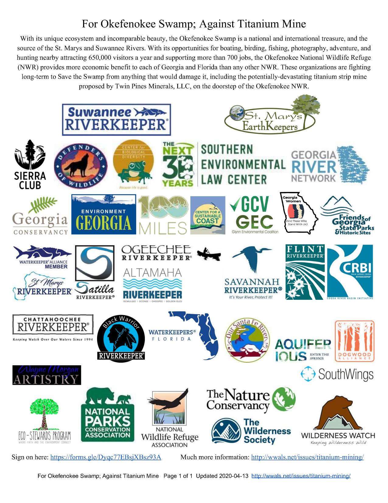 Organizations For Okefenokee Swamp, Against Titanium Mine