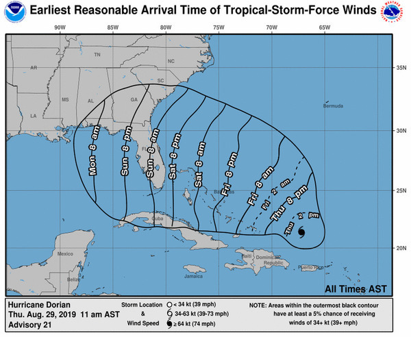 [Winds, Tropical Storm Force, Earliest Reasonable Time of Arrival]