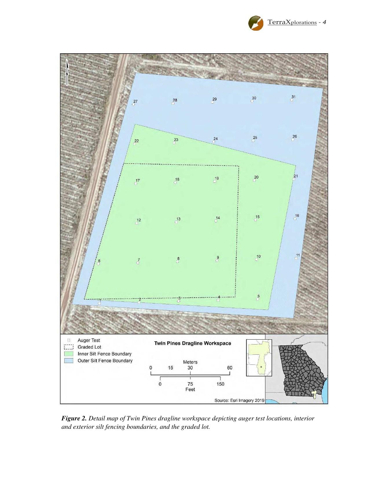 Fig. 2. Detail map... depicting auger test locations, interior and exterior silt fencing boundaries, and the graded lot.