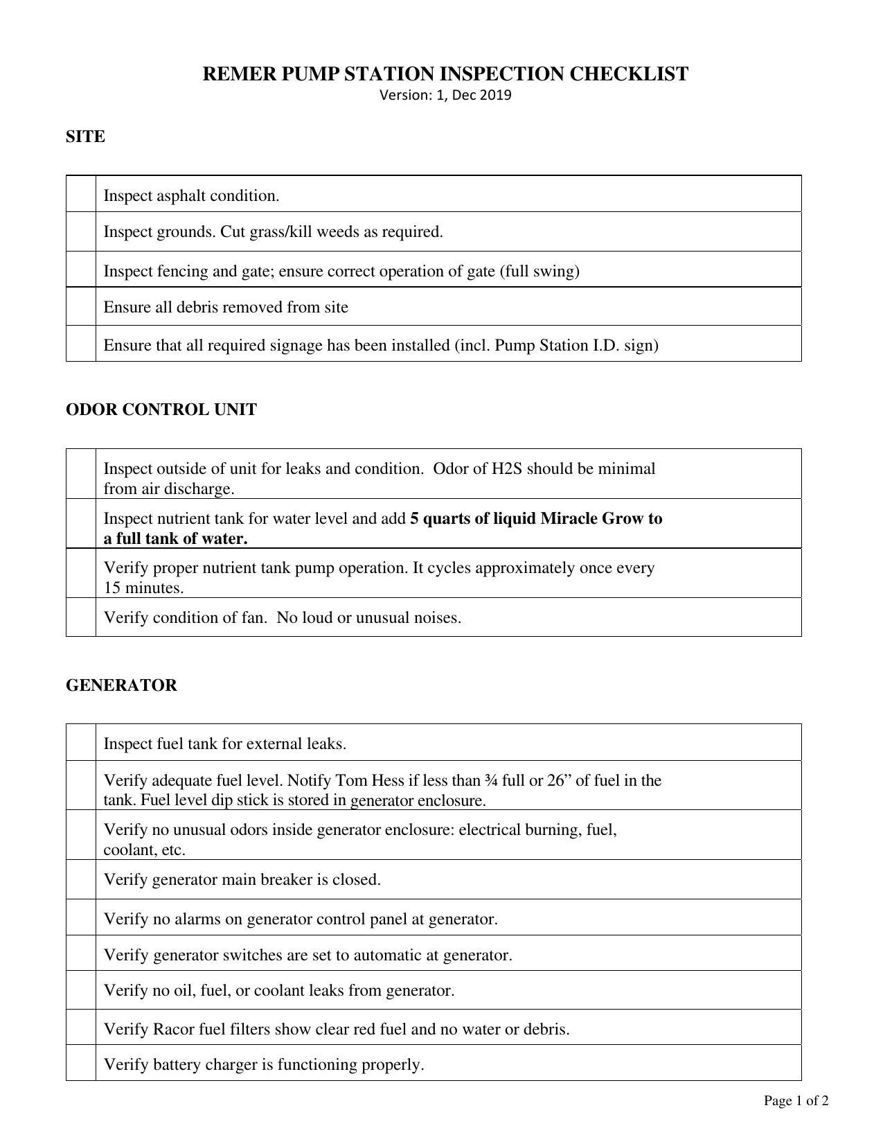 [1 of Remer Pump Station Inspection CheckList]