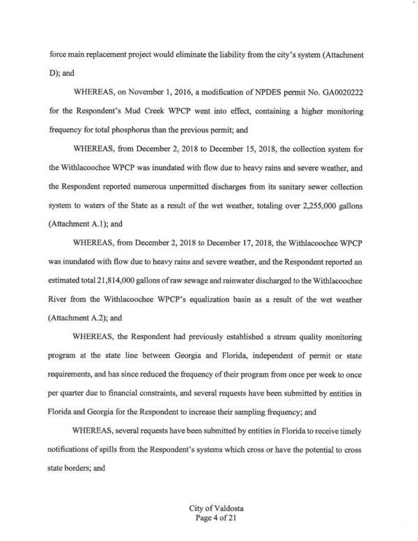 from December 2, 2018 to December 17, 2018... Respondent reported an estimated total 21,814,000 gallons of raw sewage and rainwater discharged to the Withlacoochee River