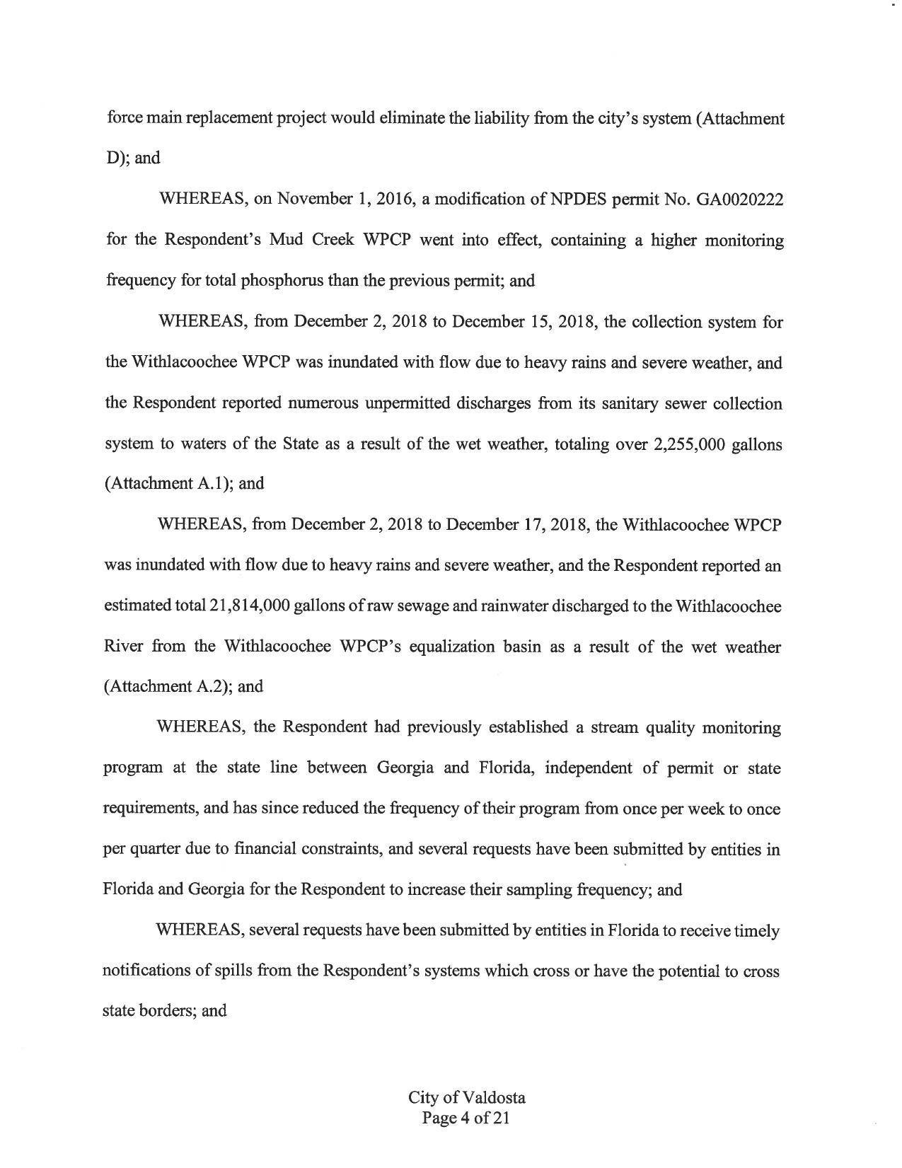 from December 2, 2018 to December 17, 2018... Respondent reported an estimated total 21,814,000 gallons of raw sewage and rainwater discharged to the Withlacoochee River