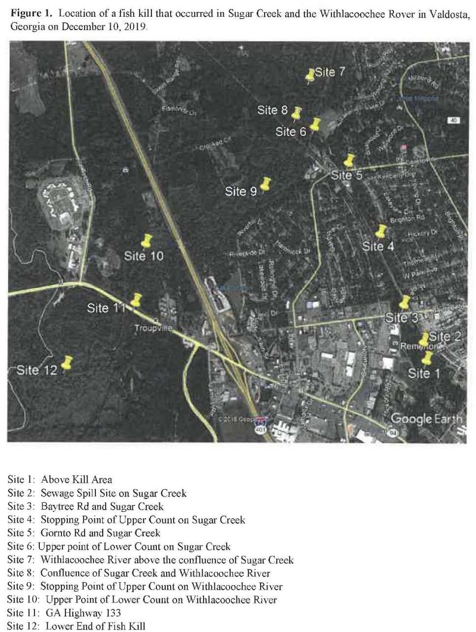 Figure 1. Location ... fish kill ... Sugar Creek ... Withlacoochee Rover 2019-12-10