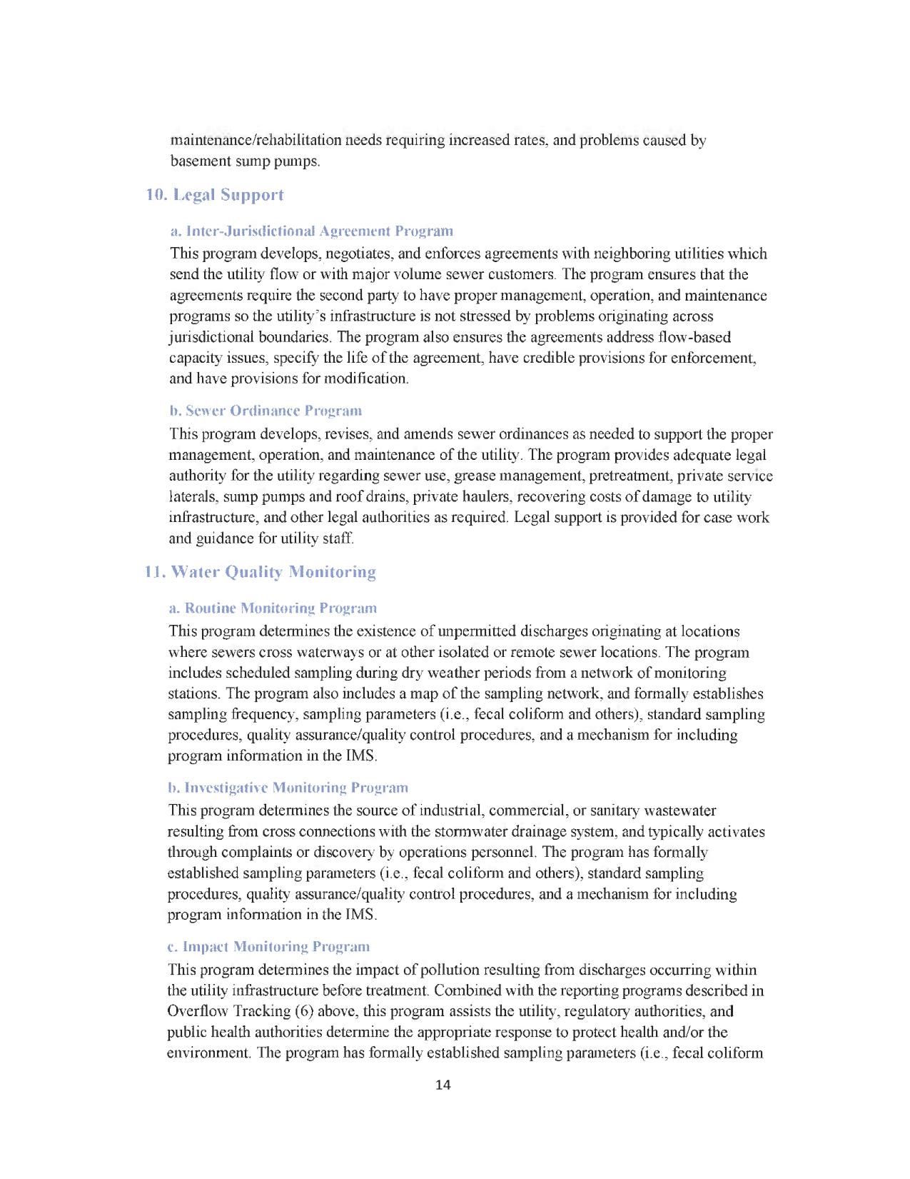 10. Legal Support 11. Water Quality Monitoring