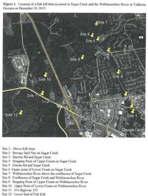 [Figure 1. Location ... fish kill ... Sugar Creek ... Withlacoochee Rover 2019-12-10]