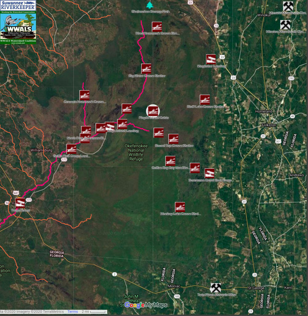 [Map: Floyds Island middle of Okefenokee Swamp]