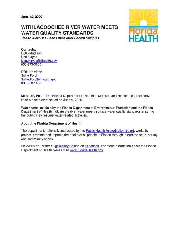 [FDOH lifts water quality adivsory, Withlacoochee River]