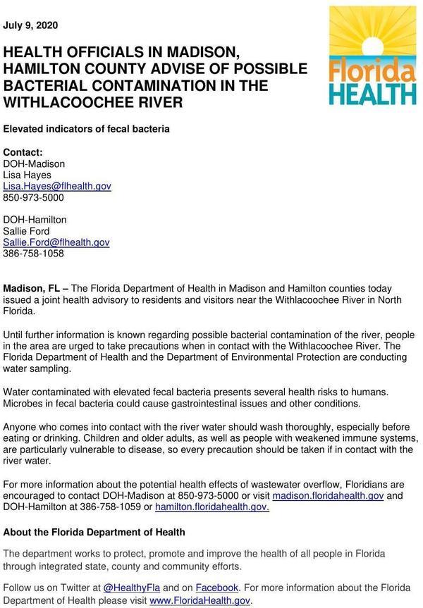 [Possible Bacterial Contamination of Withlacoochee River]