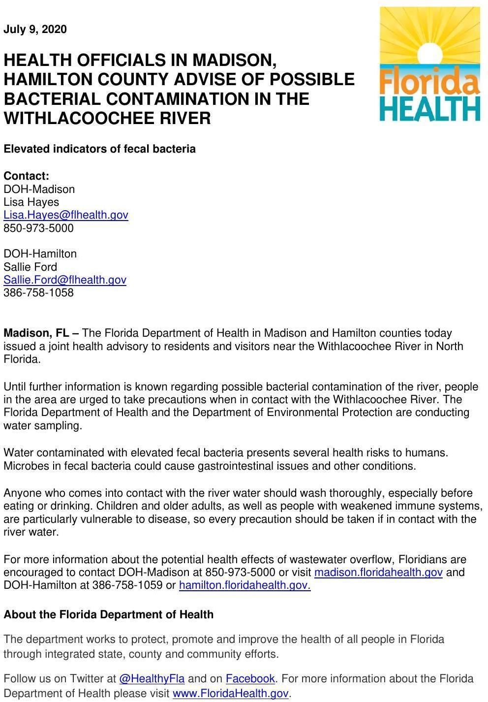 Possible Bacterial Contamination of Withlacoochee River