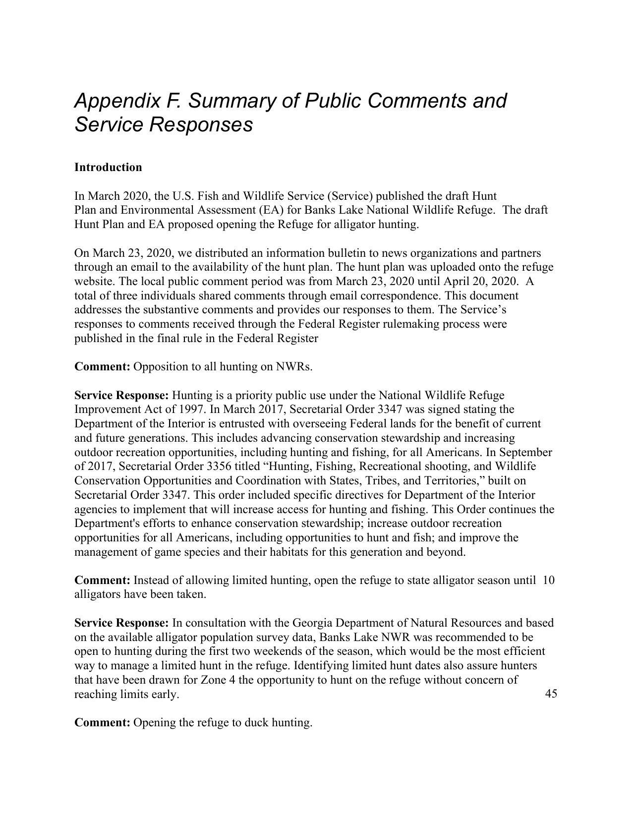 Appendix F. Summary of Public Comments and Service Responses