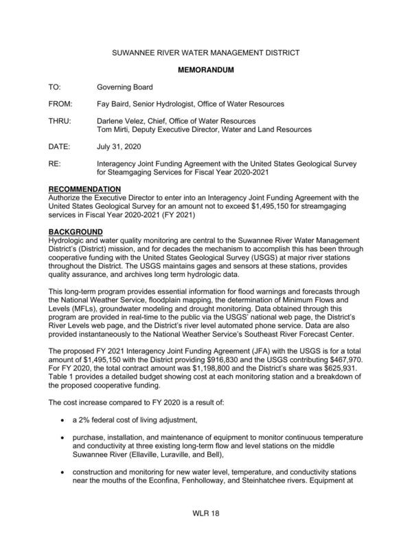 [purchase, installation, and maintenance of equipment to monitor continuous temperature and conductivity at three existing long-term flow and level stations on the middle Suwannee River (Ellaville, Luraville, and Bell),]