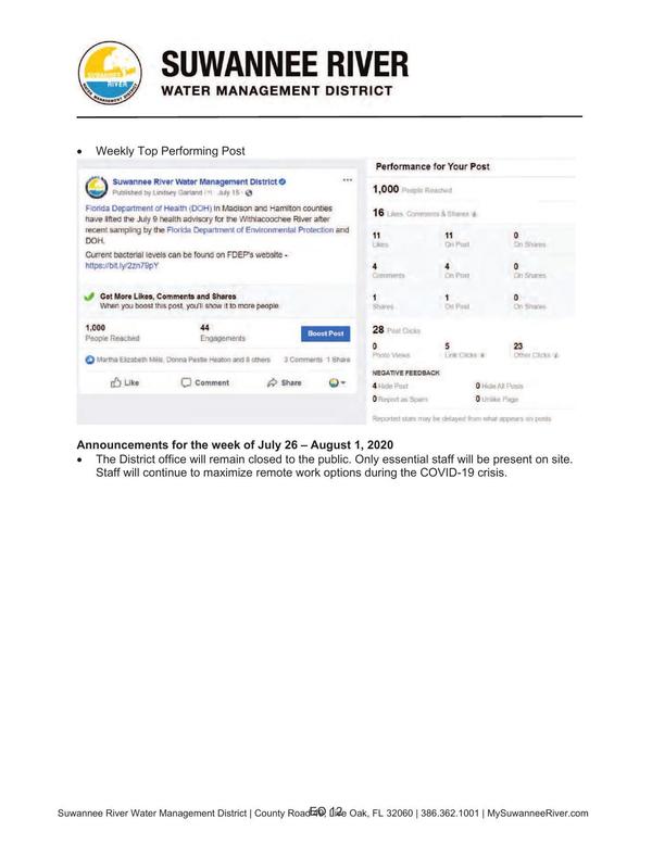Weekly Top Performing Post: July 15 Lifted, Advisory, Bacterial Contamination, Withlacoochee River