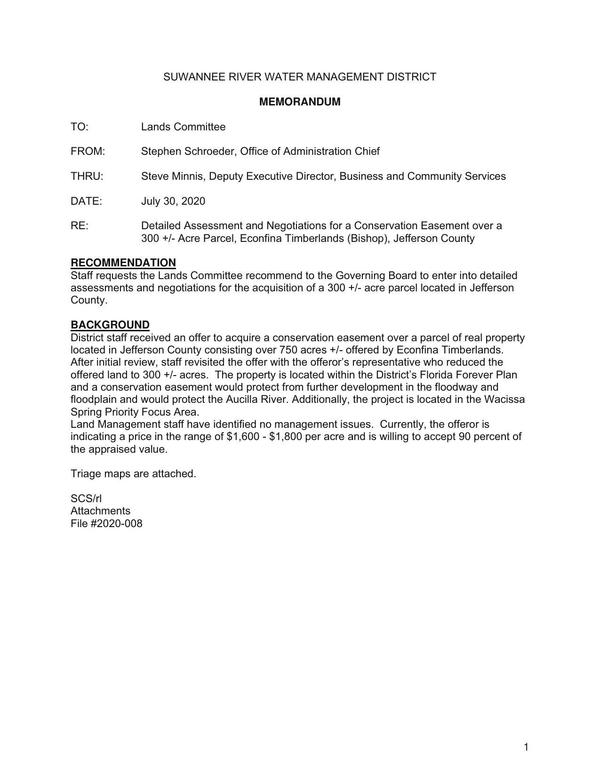 [assessments and negotiations for the acquisition of a 300 +/- acre parcel located in Jefferson]