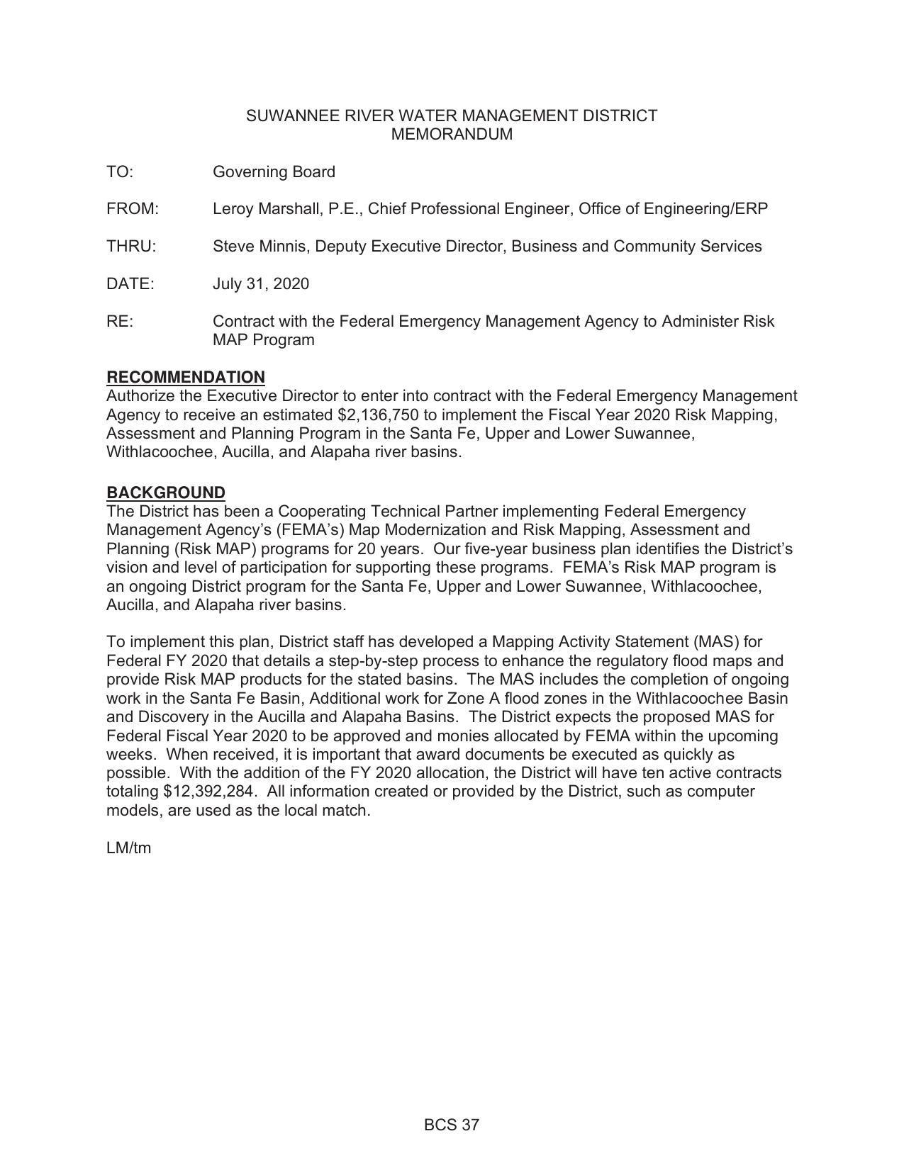 Authorize accept $2,136,750 from FEMA to implement the Fiscal Year 2020 Risk Mapping, Assessment and Planning Program in the Santa Fe, Upper and Lower Suwannee, Withlacoochee, Aucilla, and Alapaha river basins.