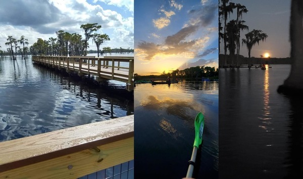 [Pier, sunset, moonrise, at Banks Lake]