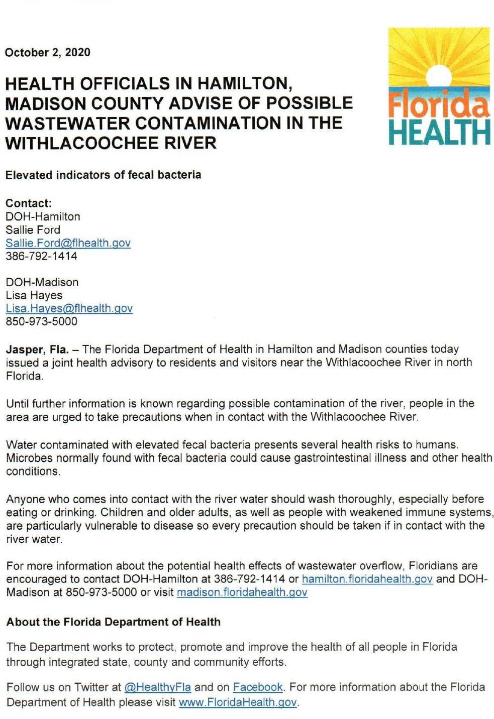 Withlacoochee River Advisory October 2, 2020